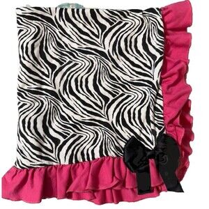 Vintage Baby Blanket Zebra Print Pink 26x26 Girl Ruffles Silk Bow Mid 2000’s